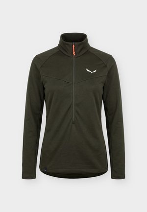 Pullover in pile verde scuro a maniche lunghe con mezza zip e collo alto, con piccolo logo bianco sul petto sinistro.