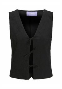 Juodas bepečių liemen ė, pasižyminti tekstūruota medžiaga, giliu V formos iškirpimu ir trimis audinio raišteliais priekiniam užsegimui. Etiketėje užrašyta "JJXX".