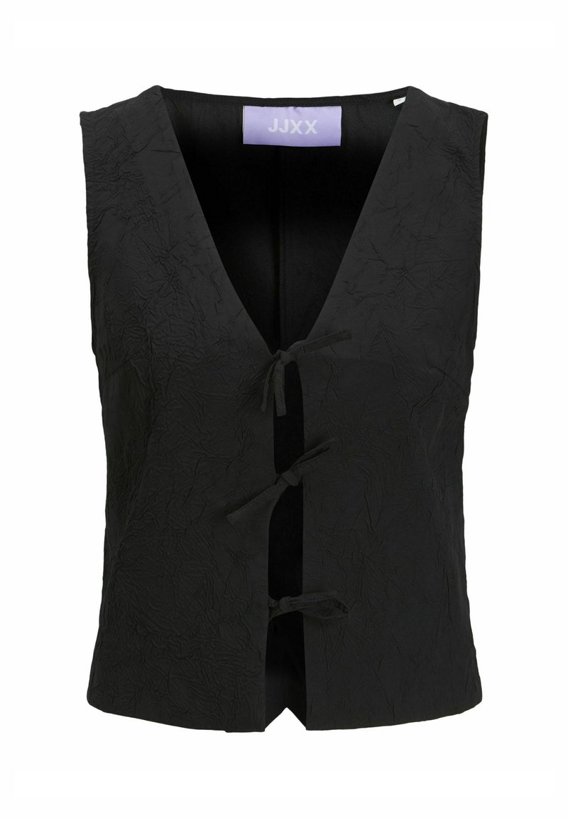 Juodas bepečių liemenė, pasižyminti tekstūruota medžiaga, giliu V formos iškirpimu ir trimis audinio raišteliais priekiniam užsegimui. Etiketėje užrašyta "JJXX".