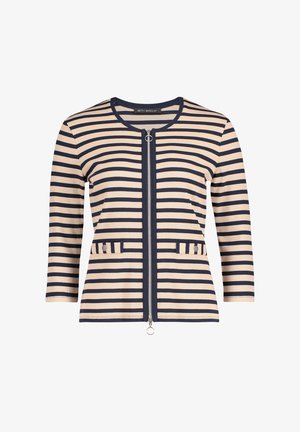 Pasekowany kardigan w beżu i granacie, z przednim zamkiem błyskawicznym, dwoma naszywanymi kieszeniami i prążkowaną fakturą. Krótkie rękawy, okrągły dekolt.