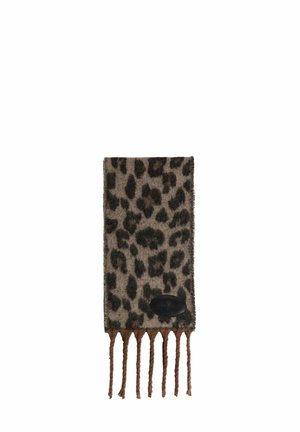 Fular cu model leopard confecționat dintr-un material moale, având un fundal bej cu pete întunecate și ciucuri maro, împodobit cu o etichetă din piele neagră.