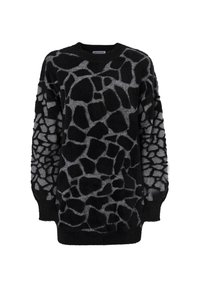 Maglione fuzzy a maniche lunghe nero e grigio con motivo irregolare simile a una giraffa e polsini e orlo a coste, etichetta del colletto con la scritta "INFLUENCER".