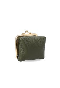 Green leather coin purse with a textured finish, featuring a gold-tone clasp closure and a rounded shape. Small and compact design.