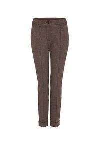 Pantalon slim marron avec un motif texturé subtil, fermeture avant par bouton et zip, passants de ceinture et revers roulés.
