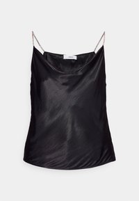 Camisole noire en satin avec un décolleté arrondi et des bretelles fines avec accents métalliques. Présente une texture lisse et une coupe décontractée.