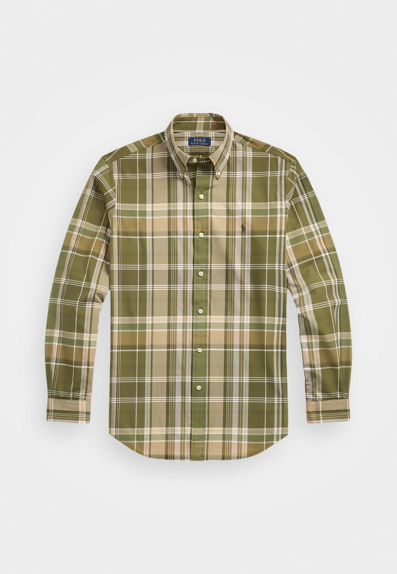 Langarm geruit shirt in groene en beige tinten, met een button-down kraag, een logo op de borst en een gebogen zoom.