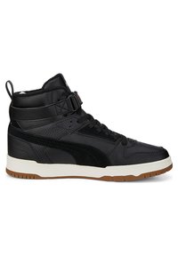 Black high-top sneakers with a textured leather upper, lace and strap closure, padded collar, white midsole, and gum rubber outsole.