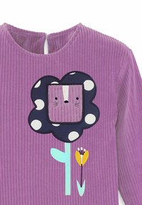 Paarse corduroy top met een bloemenontwerp met een vierkante kop, stippen en een groene steel. Inclusief een keyhole-opening aan de achterkant.
