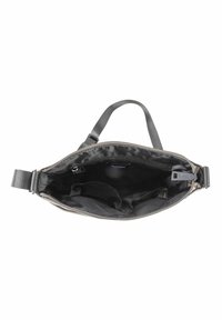 Borsa in tessuto nero con apertura con zip, dotata di una tasca interna e di una tracolla regolabile. Texture liscia con un design semplice e pratico.