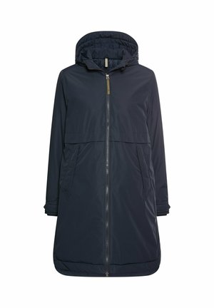 Marineblauwe lange hoodiejas met voorkant rits en twee zijzakken, ontworpen voor koud weer.