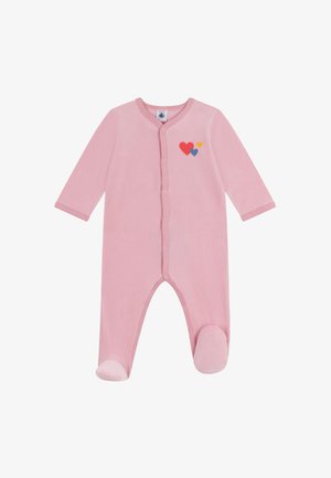 Body per neonato rosa realizzato in morbido tessuto, con maniche lunghe, chiusura a bottoni a scatto e cuori rossi, gialli e blu sul petto.
