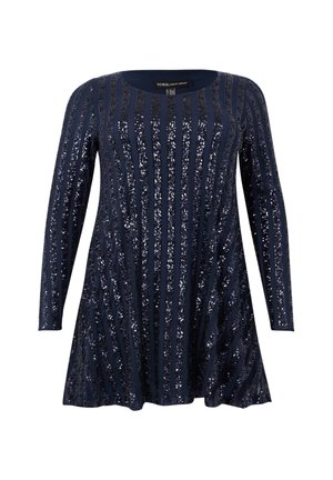 Marineblå langærmet kjole med vandrette pailletstriber, rund halsudskæring og udvidet silhuet. Fremstillet af blødt, tekstureret stof.