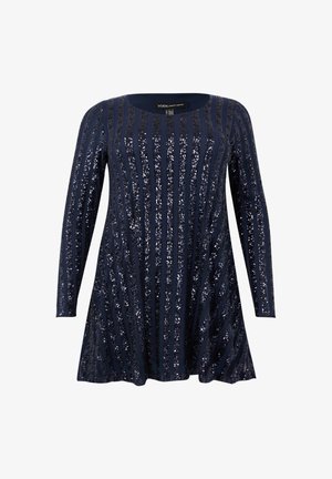 Marineblå langærmet kjole med vandrette pailletstriber, rund halsudskæring og udvidet silhuet. Fremstillet af blødt, tekstureret stof.