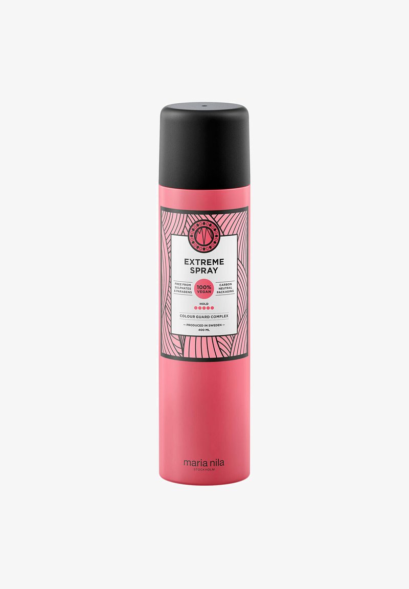 Roze cilindervormige sprayfles met een zwarte dop. Het etiket heeft een ontwerp met lijnen en tekst die een extreme hold haarspray aangeven.