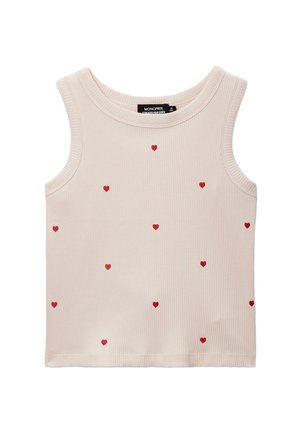 Haut en maille côtelée sans manches de couleur crème avec de petits cœurs rouges brodés dispersés, encolure ronde et étiquette à l’intérieur du col.