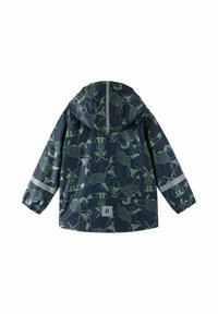 Giacca impermeabile blu scuro con un design a stampa animale verde, polsini elastici e strisce riflettenti per la visibilità.