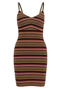 Pruhované bodycon šaty s tenkými nastavitelnými ramínky, svislými pruhy v černé, žluté a růžové barvě, s přiléhavým siluetou a hladkým materiálem.