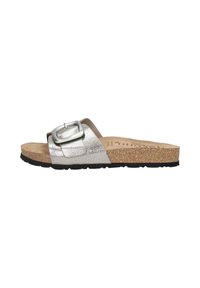 Silver metallic slide sandal with a wide strap, large silver buckle, and a cork footbed. Black rubber sole provides grip and comfort.