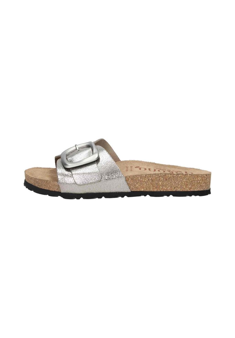 Silver metallic slide sandal with a wide strap, large silver buckle, and a cork footbed. Black rubber sole provides grip and comfort.