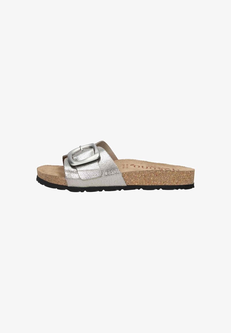 Silver metallic slide sandal with a wide strap, large silver buckle, and a cork footbed. Black rubber sole provides grip and comfort.