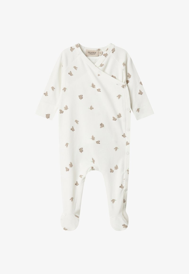 Fehér kislány body, hosszú ujjú és lábbal ellátott dizájnnal, világosbarna madármintával és csomózott stílussal, pattintható zárással.