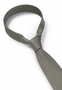 Gray patterned tie featuring a textured mesh design, with a smooth finish and a classic triangular shape, knotted at the neck.