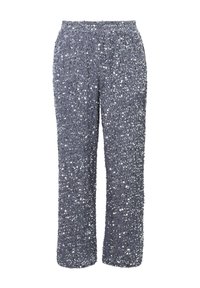 Grijze broek bedekt met kleine glanzende zilveren pailletjes, met een elastische tailleband en rechte pijpen.
