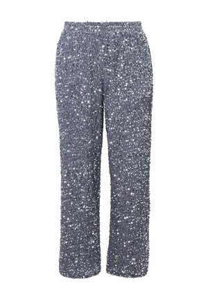 Grijze broek bedekt met kleine glanzende zilveren pailletjes, met een elastische tailleband en rechte pijpen.