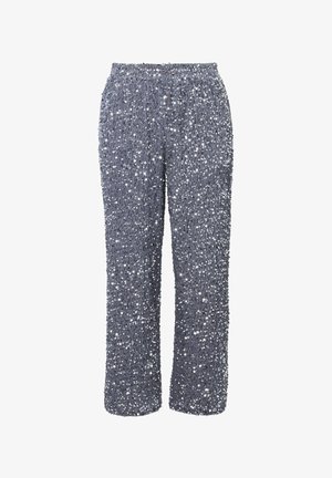 Grijze broek bedekt met kleine glanzende zilveren pailletjes, met een elastische tailleband en rechte pijpen.