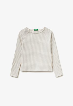 Krémový dlouhý rukáv texturovaný pletený top s prošívanými záplatami na ramenou a kulatým výstřihem, vnitřní značka United Colors of Benetton.