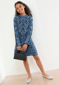 Blau und schwarz gestreiftes Zebra-Kleid mit langen Ärmeln, einem taillierten Oberteil und einem ausgestellten Rock, kombiniert mit einer schwarzen Handtasche und silbernen Ballerinas.