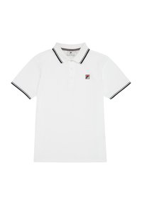 Witte polo met korte mouwen, zwarte biezen op de kraag en manchetten, drie knopen en een klein rood, wit en zwart logo op de borst.