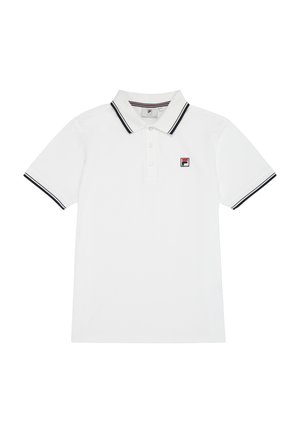 Camisa polo de manga corta blanca con ribete negro en el cuello y en los puños, tres botones y un pequeño logotipo en rojo, blanco y negro en el pecho.