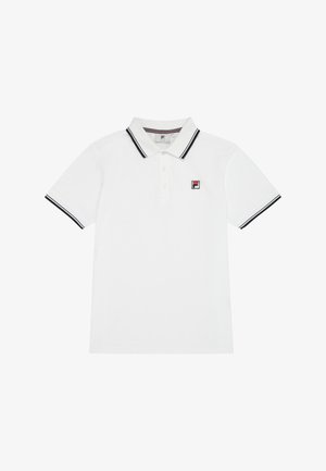 White short-sleeve polo shirt with black trim on collar and cuffs, three buttons, and a small red, white, and black logo on the chest.