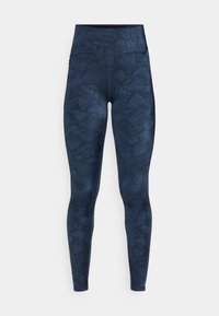 Leggings cu model bleumarin, cu talie înaltă, fabricate din material elastic, cu o textură subtilă care imită designul pielii de șarpe.