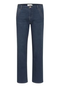 Jeans in denim blu scuro con taglio dritto, dotati di chiusura anteriore a bottoni, cinque tasche e dettagli di cucitura discreti.