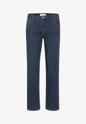 Tummansiniset farkut suoranlahkeisella leikkauksella, joissa on etunappikiinnitys, viisi taskua ja huomaamattomat ompeluyksityiskohdat.