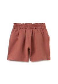 Shorts couleur rouille fabriqués en tissu léger, dotés d'une taille élastique, de deux poches latérales et d'une coupe décontractée.