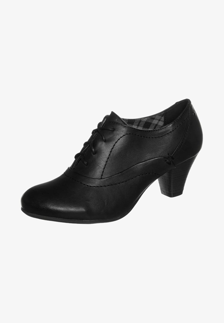 Chaussure à lacets pour femme en cuir noir avec un petit talon empilé et une doublure intérieure à carreaux.