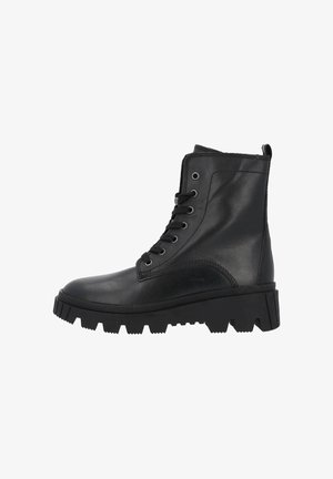 Schwarze Leder-Ankle-Boots mit runder Schuhspitze, Schnürung vorne und einer groben, strukturierten Sohle. Mit silbernen Ösen und einem Ziehschlauf hinten.