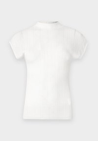 Λευκό κοντομάνικο μπλουζάκι με ριγέ υφή και ψηλό λαιμό. Μαλακή υφή, εφαρμοστό σχέδιο και διακριτικές κάθετες γραμμές. Άνετη μετάβαση στους ώμους χωρίς ραφές.