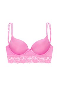 Sujetador rosa con copas lisas y una banda de encaje floral en la parte inferior. Tirantes ajustables con un detalle de lazo en el centro.