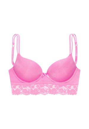 Rosa BH mit glatten Cups und einem Blumenspitzenband am unteren Rand. Verstellbare Träger mit einem Schleifchen in der Mitte.