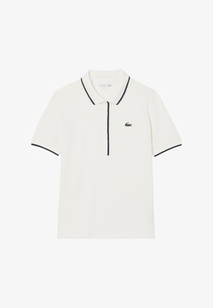 Weißes Polohemd aus Baumwolle mit einem navyfarbenen, gerippten Kragen und Bündchen. Knopfleiste mit kleinem grünen Krokodil-Logo auf der Brust.