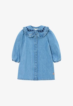 Lyseblå denimkjole med lange puffede ærmer, elastiske manchetter og en bred flæsekant med mørkeblå blomsterbroderi.