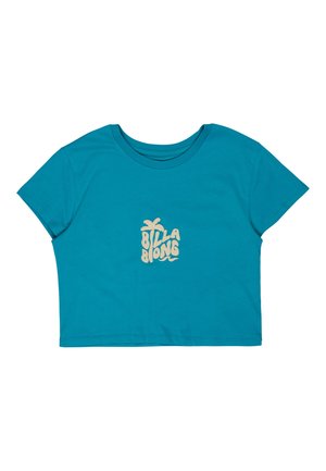 Teal cropped T-shirt met korte mouwen, met beige "Billabong" tekst en palmboomprint in het midden van de borst.
