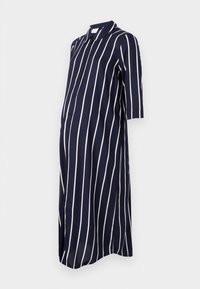 Abito premaman blu navy con righe verticali bianche, maniche corte, chiusura a bottone frontale e spacchi laterali per facilitare il movimento.
