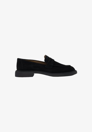 Schwarze Wildleder Slipper mit runder Zehenform und kleinem, flachem Absatz. Verfügt über eine gestickte Kante und ein dekoratives Riemendetail.