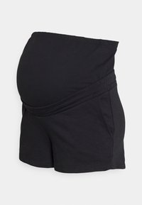 Shorts premaman neri realizzati in un tessuto morbido, con una vita elasticizzata e un design incrociato con tasche laterali. Texture liscia.