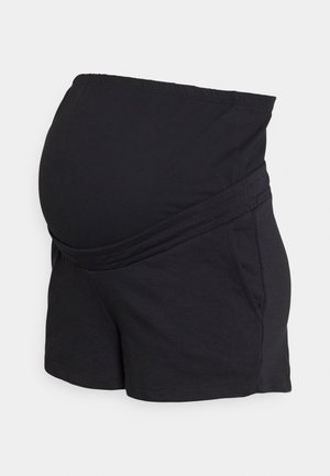 Shorts premaman neri realizzati in un tessuto morbido, con una vita elasticizzata e un design incrociato con tasche laterali. Texture liscia.